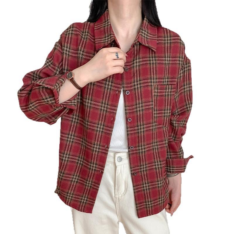 New Korean retro lazy plaid shirt spring and autumn casual loose design versatile and thin top jacket