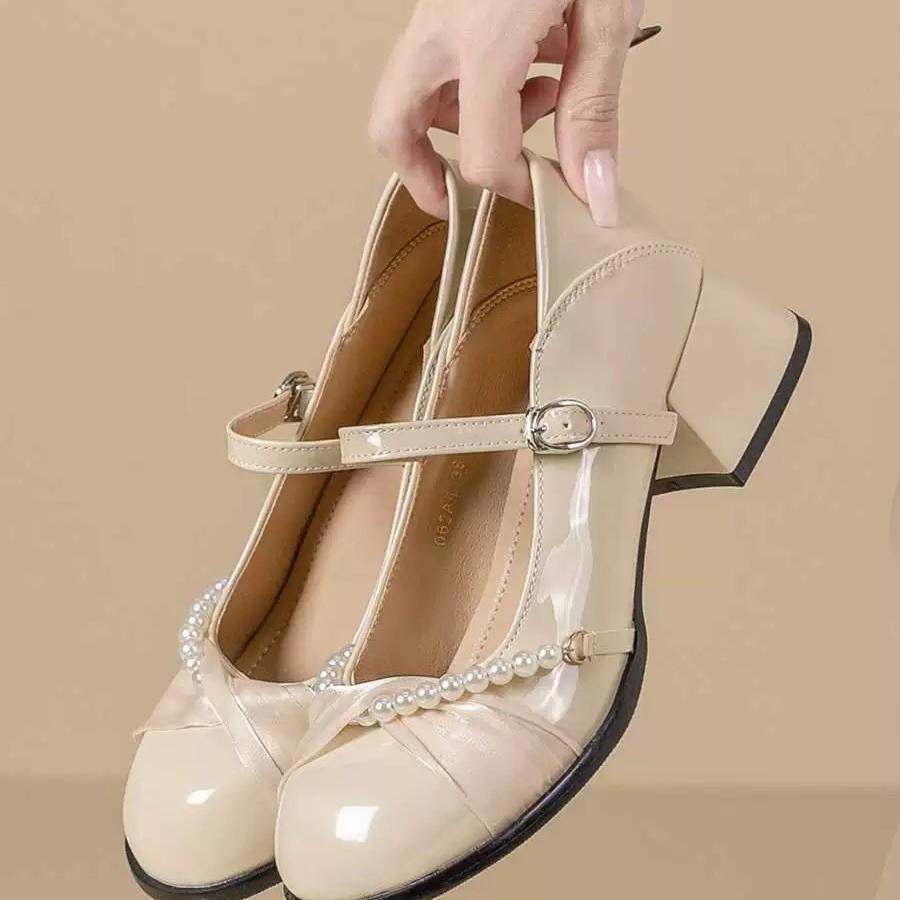 Skinny French Mary Jane shoes soft leather light mouth thick heel pearl single shoes with skirt fairy style foreign style versatile shoes