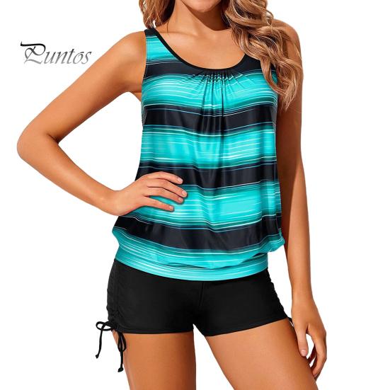 

Женский комплект из 2 предметов танкини с U-образным вырезом без рукавов и полосатым принтом, топы с завязками по бокам, шорты для плавания, раздельный купальник S озеро синий