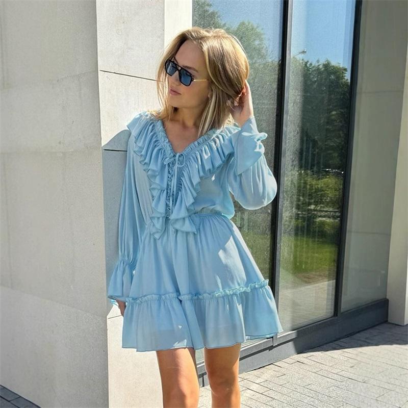 V Neck Dress Women's Summer Flared Sleeve Dress European And American Style Short Chiffon Dress