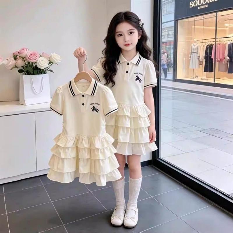 Girls' Summer Dress 2026 New Fashionable Summer Outfit For Older Children, Little Girl'S Princess Style POLO Collar Cake Dress