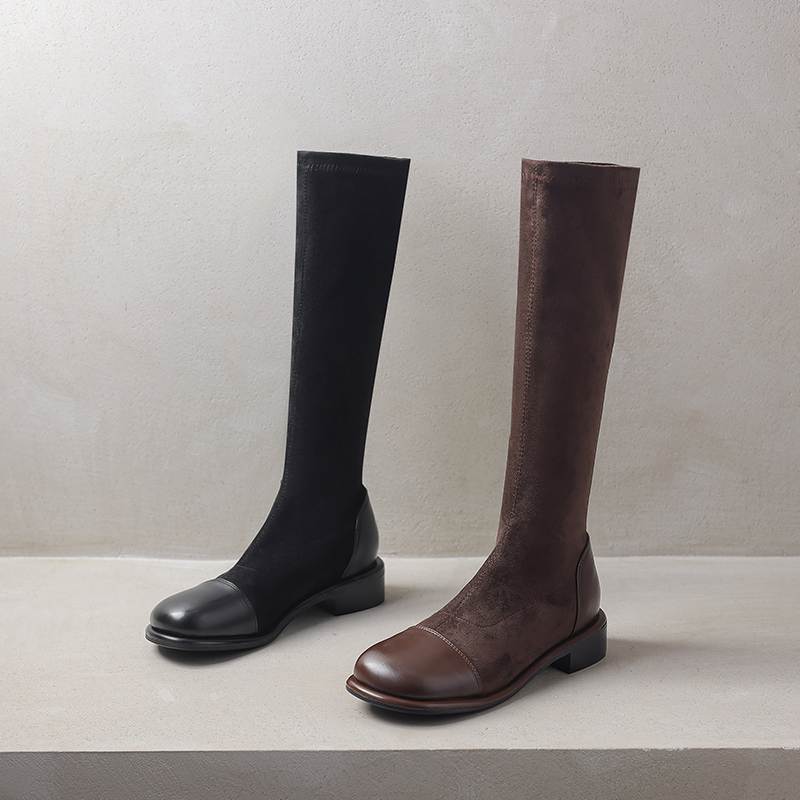 Krazing Pot Microfiber Autumn Winter Shoes Low Heels Size 43 Long Boots Half Boots Zip Stretch Thigh High Boots