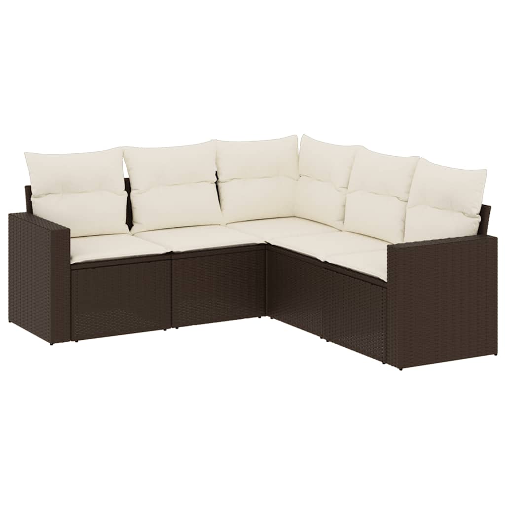 5 Piece Garden Sofa Set with Cushions Brown Poly Rattan