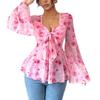Women's Mesh Red Rose Print V-neck Top Bell Sleeves Bow Tie Waist Short Women's Clothing