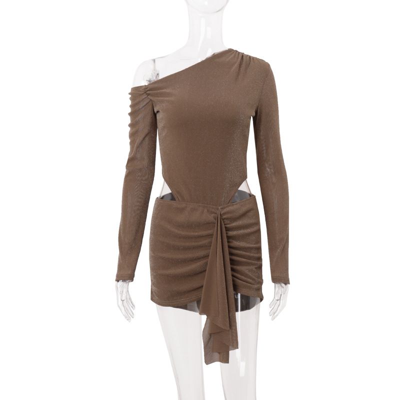 

Европейская и американская женская одежда 2025 Осень Новое поступление Сексуальный косой воротник Однотонный Завязка Имитация двух частей Со сборками Длинный рукав Облегающий Khaki XL