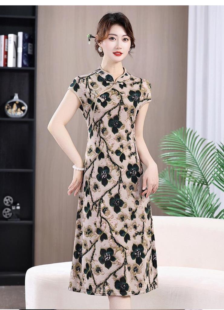 Plus-Size Korean-Style Loose-Fit Short-Sleeve Printed Midi Dress for Middle-Aged Women