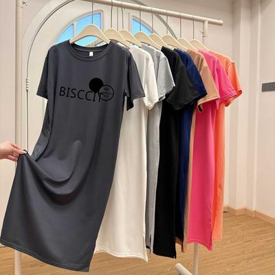 Abito T-shirt al ginocchio, Stile ampio, casual e rilassato Gonna dritta, Abito a maniche corte con doppio spacco rotondo per donna In estate