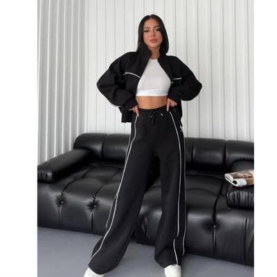 Women's 2-Piece Casual Sports Suit: Long-Sleeve Half-Turtleneck Cardigan Sweater + Lace-Up Striped Pants