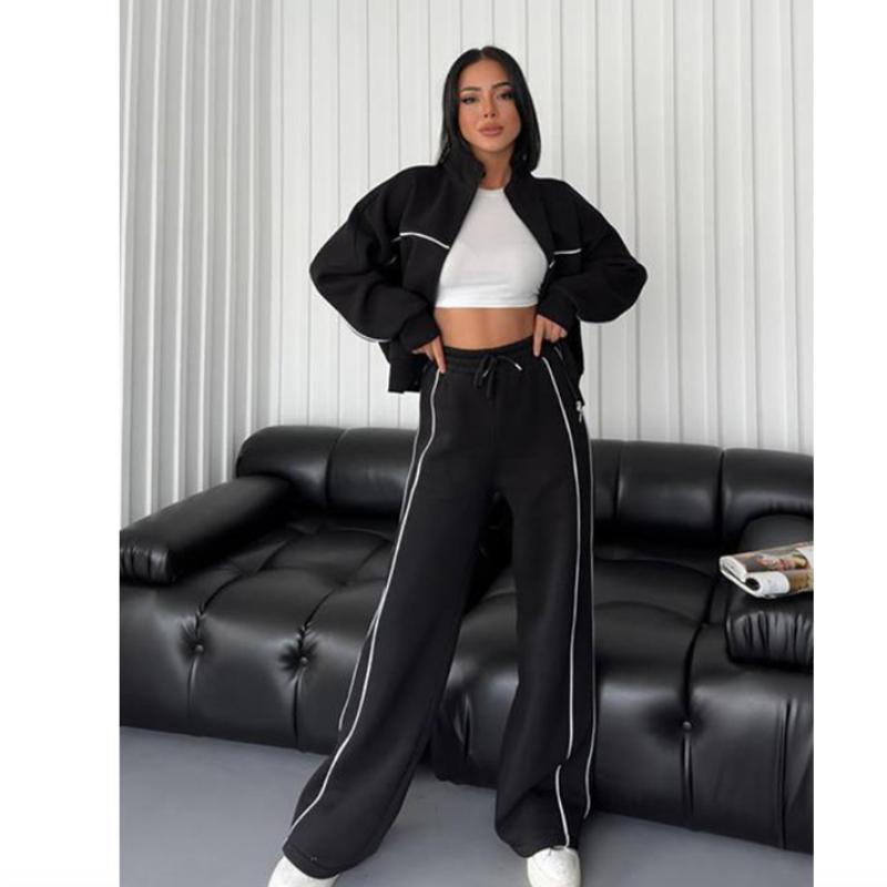 Women's 2-Piece Casual Sports Suit: Long-Sleeve Half-Turtleneck Cardigan Sweater + Lace-Up Striped Pants