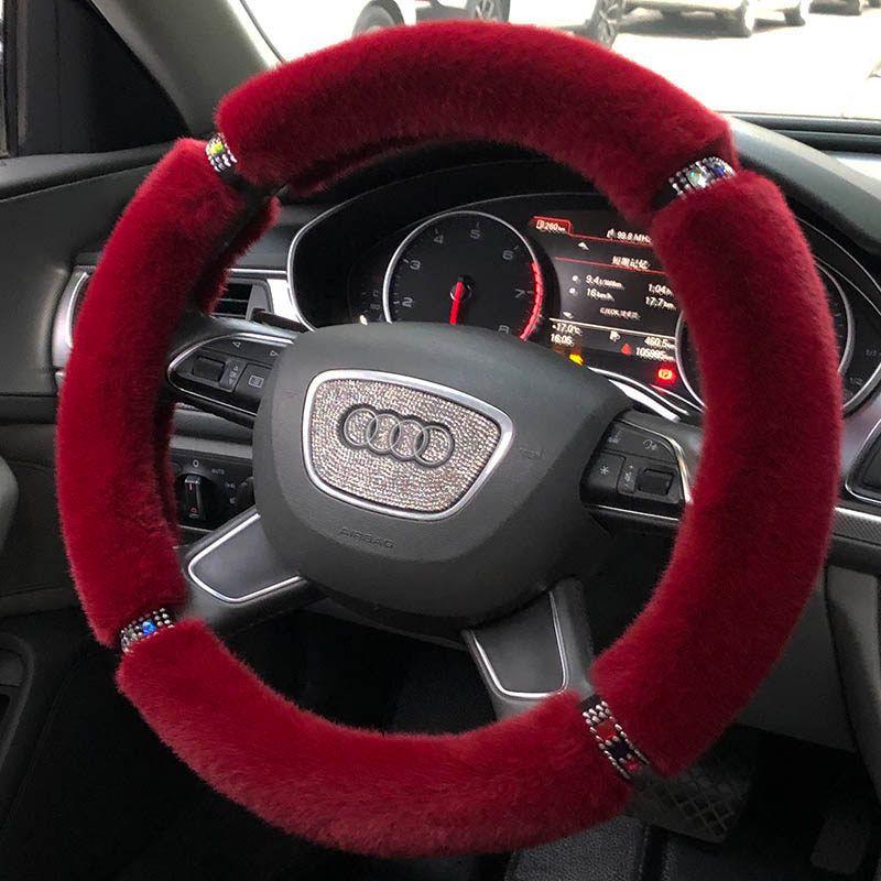 Car Steering Wheel Cover Winter Plush Female Korean Cute Universal Fashion Pink Gray Black Diamond-Studded Handlebar Cover