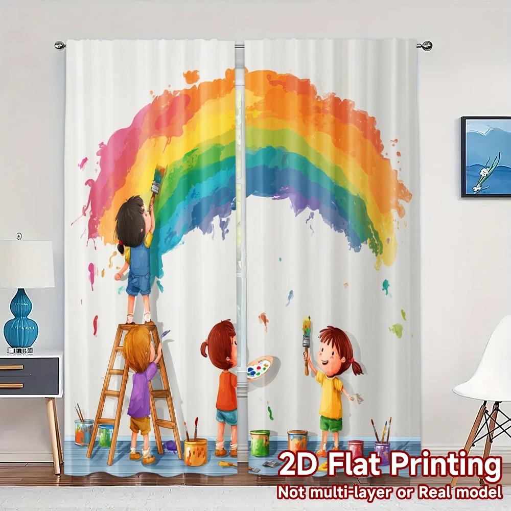 

Set Of 2 Flat Printing Curtains Without Rod Rainbow Creators Chic Curtain Fabric Polyester Room Decor Suitable W100*H70(CM)-Hooks&1PCS