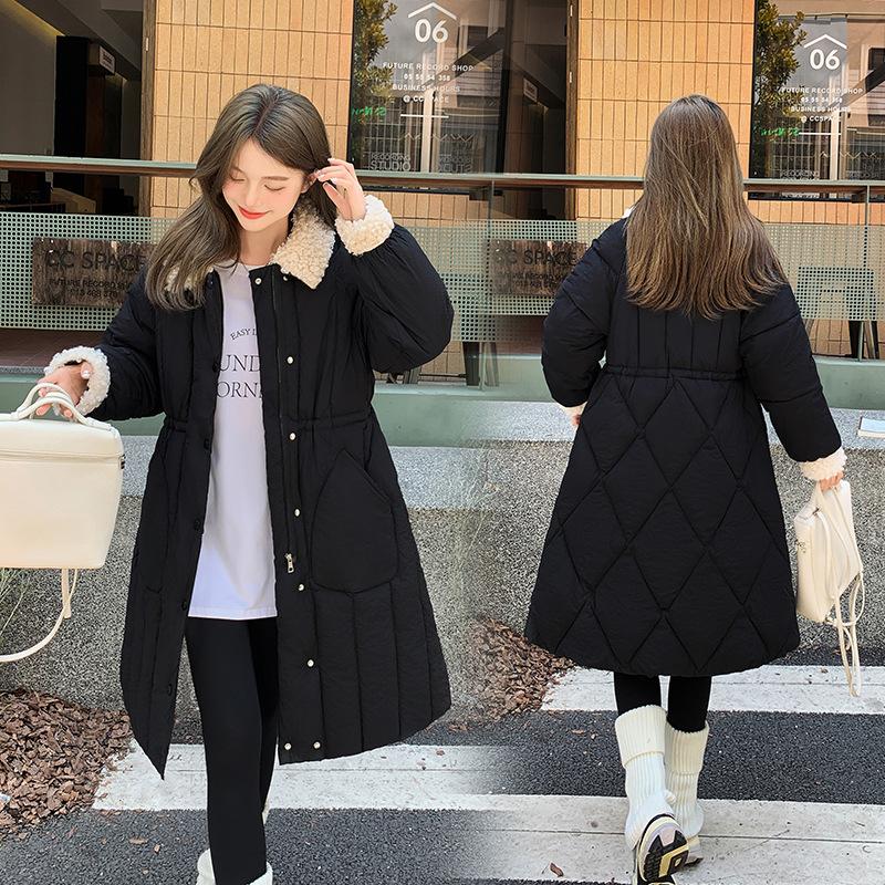 2025 New Lamb Wool Collar Waist Women's Long Down Cotton Clothes Solid Color Single-breasted Loose Coat