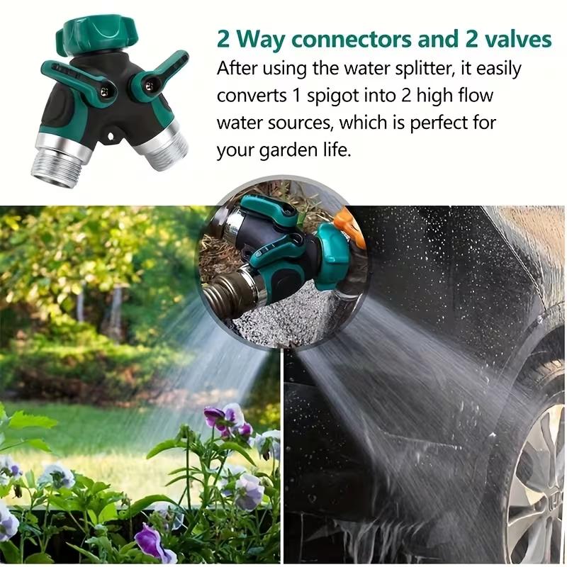 2-Way Hose Splitter with 2 Valves,  Water Pipe Diverter Double Outlet Y Connector with Individual Shut Off Valve,Suitable for Outdoor Garden Watering