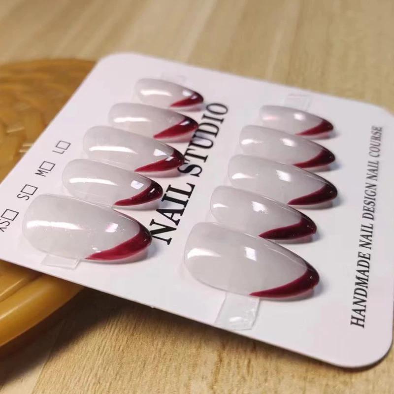 100% Handmade Short Almond Shape Aurora Transparent and Red French Tip Fake Nail Set With Glue & Box Simple Artificial Nails Fake Nails Reusable