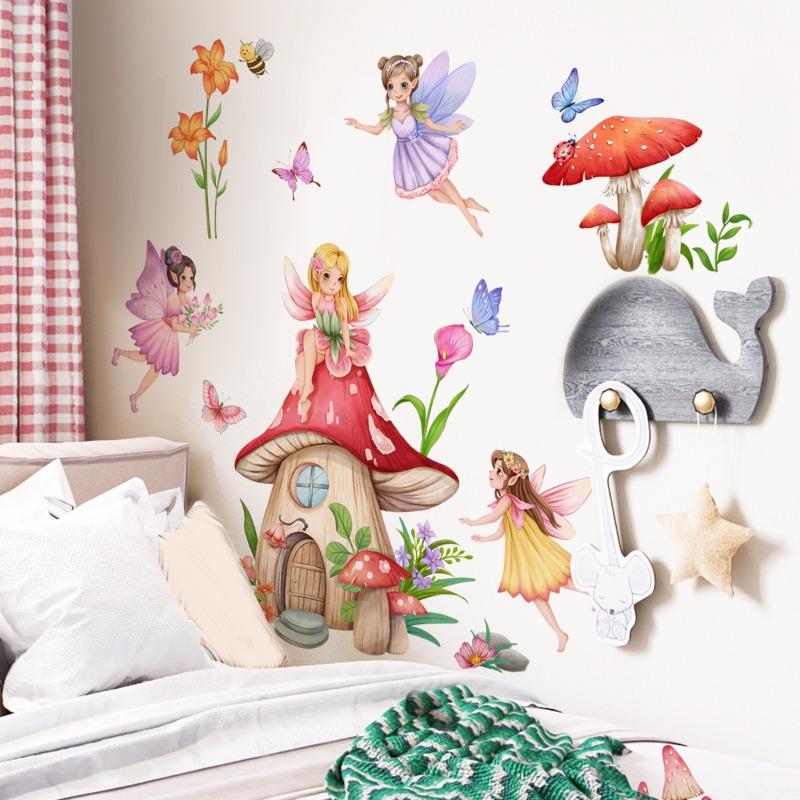 cartoon mushroom castle wall sticker for nursery self adhesive kids room cute fairy wall decal