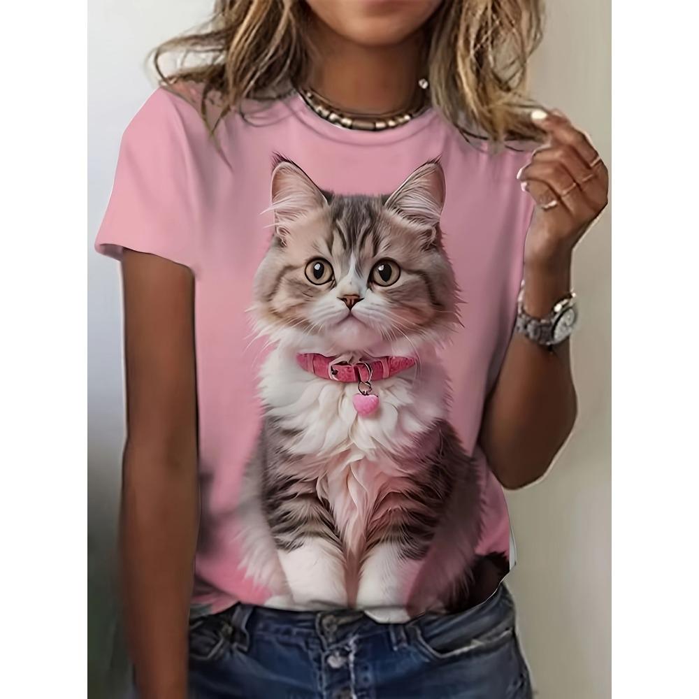 Women's T-shirt, Summer Cat Printed Top
