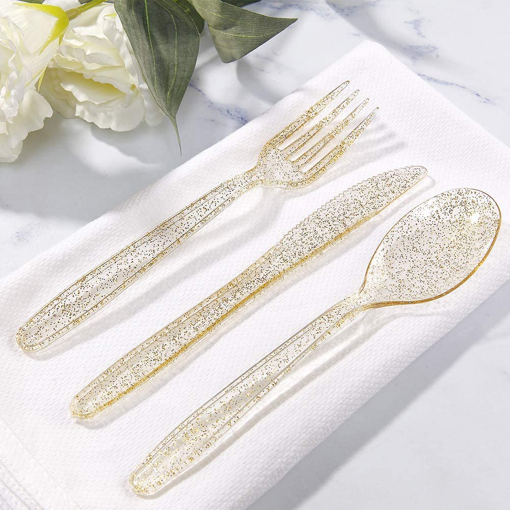 75pcs Gold Plastic Silverware- Disposable Gold Glitter Plastic Cutlery- Plastic Flatware Includes 25 Forks, 25 Spoons, 25 Knives