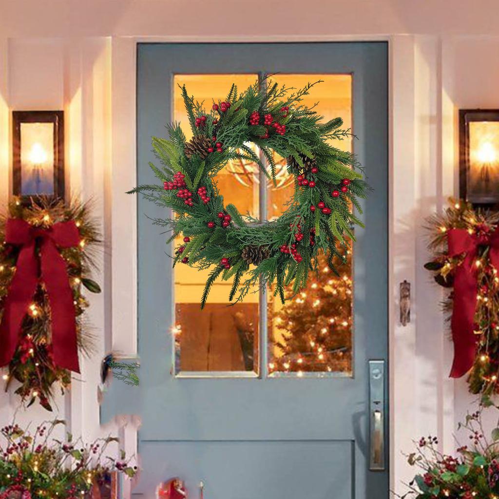 Pre-Lit Artificial Christmas Wreath,  Artificial Christmas Garland For Front Door With Red Bow, Cones, Red Berries,