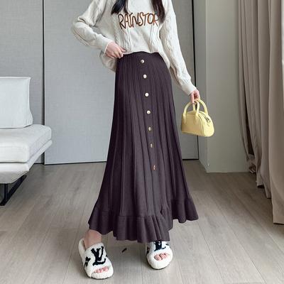 Thick Knit Skirt Women's Long Skirt Autumn/winter Korean Version Thin A-line Skirt Single Breasted Wooden Ear Edge Skirt