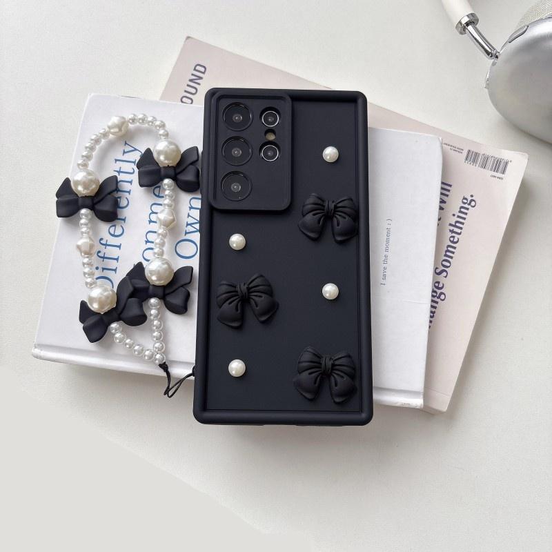 3D Elegant Bowknot Faux Pearl Chain Phone Case For Samsung Galaxy S25 Ultra S21 S22 S23 Plus S24 FE Short Strap Lanyard Cover
