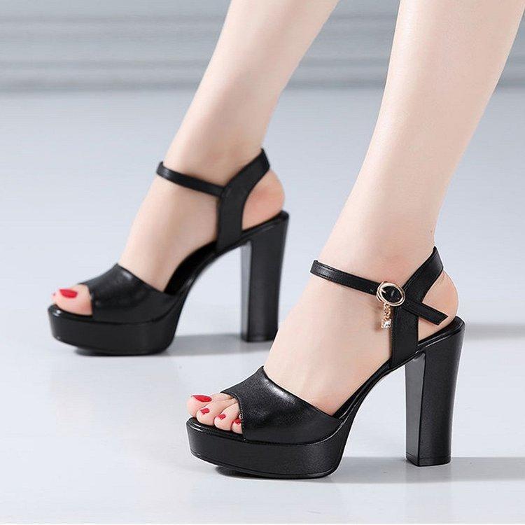 2025 summer thick heel sandals comfortable temperament open-toed sandals waterproof table high heel one-word buckle sandals women