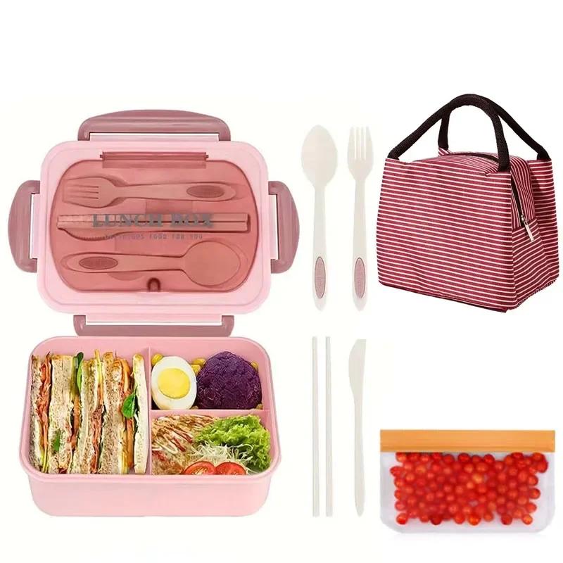 Fächer Kunststoff Bento Box Wiederverwendbar Pp Kunststoff Tiffin Kinder Lunchbox mit Besteck und Handtasche Bento Boxen für Kind Erwachsener