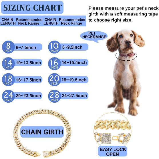Dog Chain Collar Walking Metal Chain Collar Cuban Link Dog Collar with Secure Buckle 14MM Pet Gold Silver Chain Dog Collars for Small Medium Large