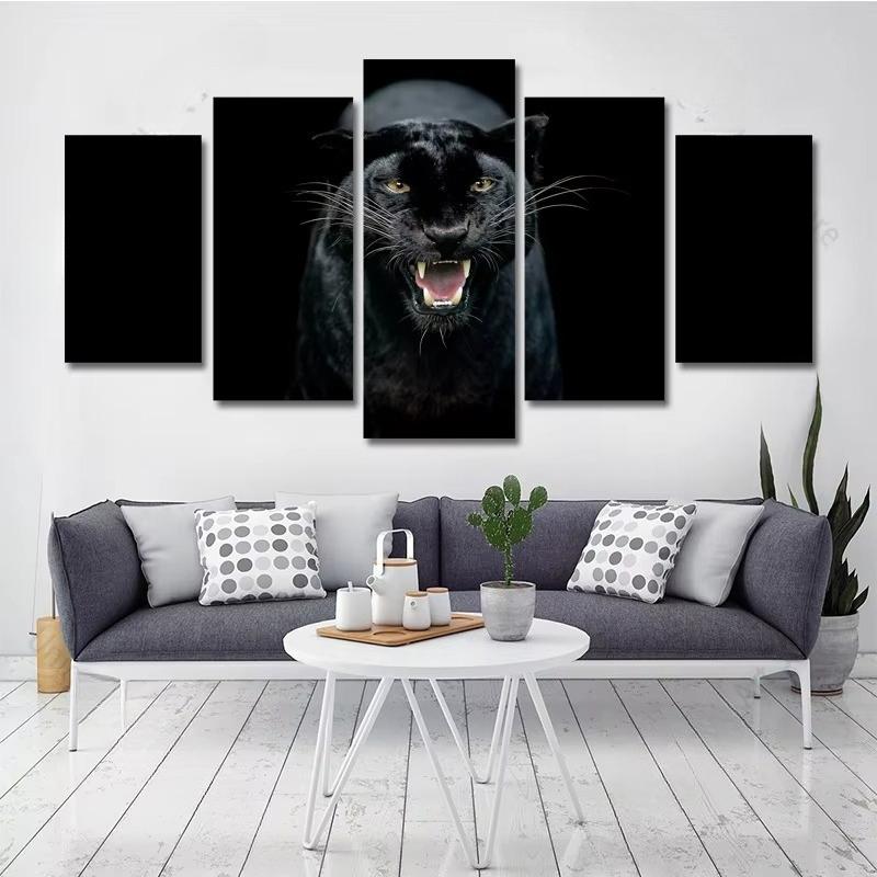5-teilige Seltene Schwarzer Panther Wandkunst Schwarzer Leopard HD Bilder Leinwandbild Wandkunst für Wohnzimmer Wanddekoration Ohne Rahmen