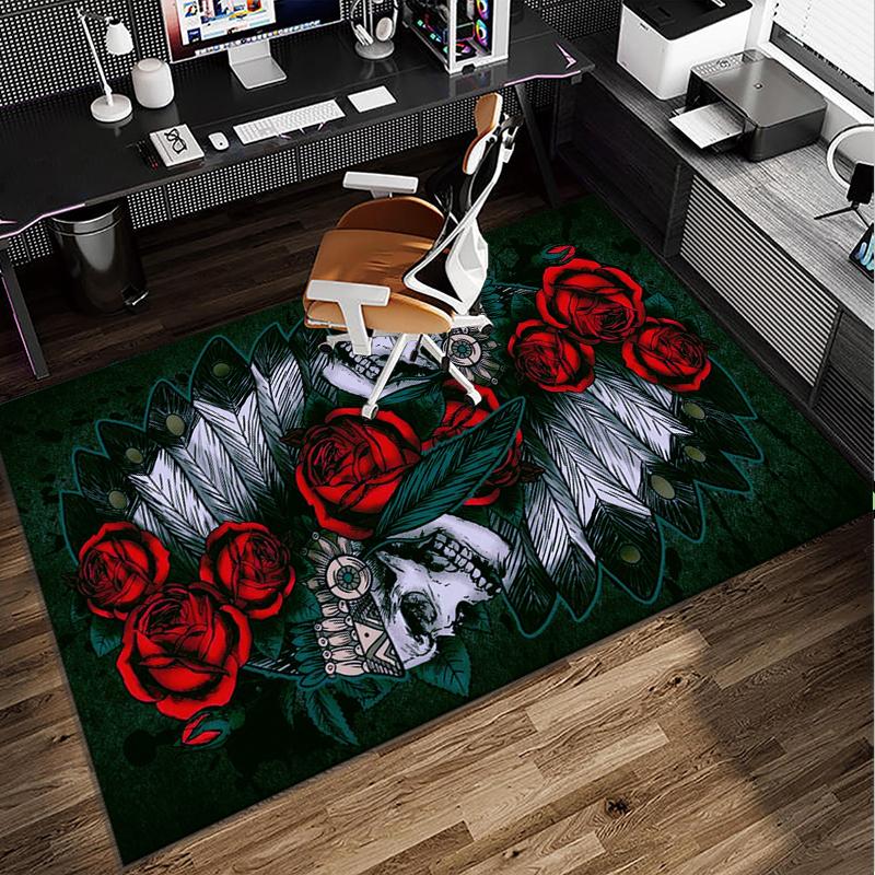 Skulls And Roses Artwork Office Rug Chair Mat, Entryway Carpet, Suitable for Front Door, Bedroom, Living Room, Desk, Holiday Gift