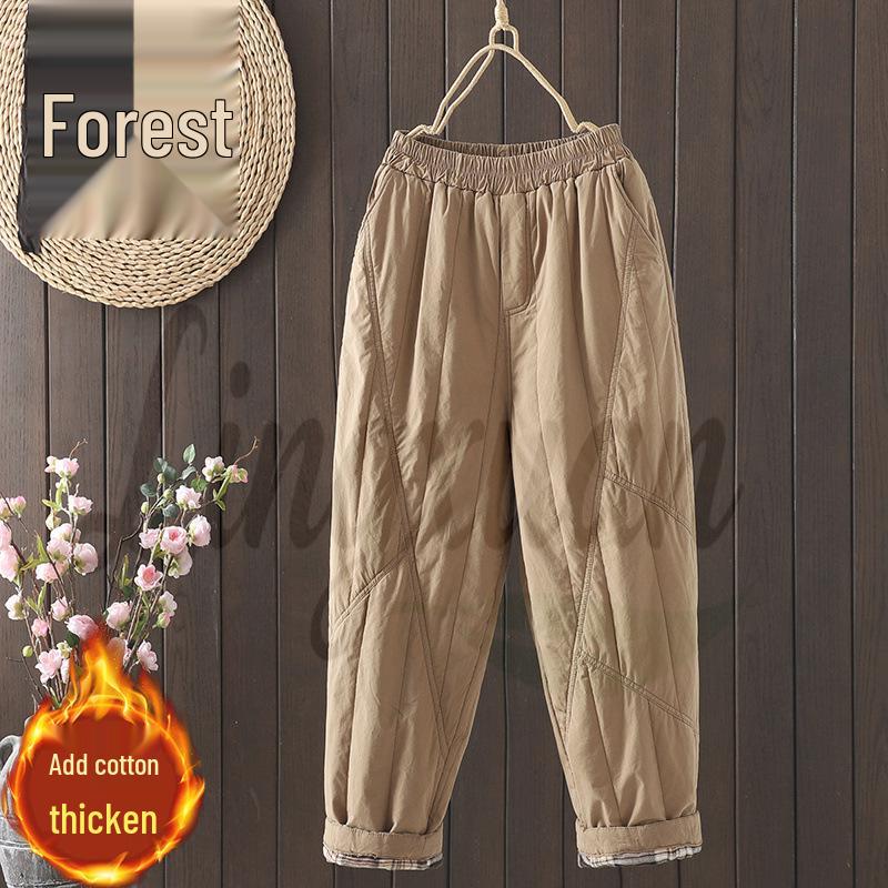 Women s 2026 Winter Quilted Cotton Harem Pants - Thick, Warm, Elastic Waist L хаки