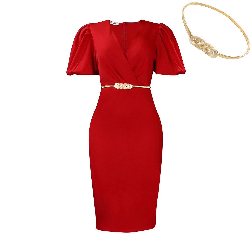 IHUASU Women's Summer Short Sleeve V-Neck Bubble Sleeve V-neck Bag Hip Professional OL Temperament Tong Le High Waist Dress