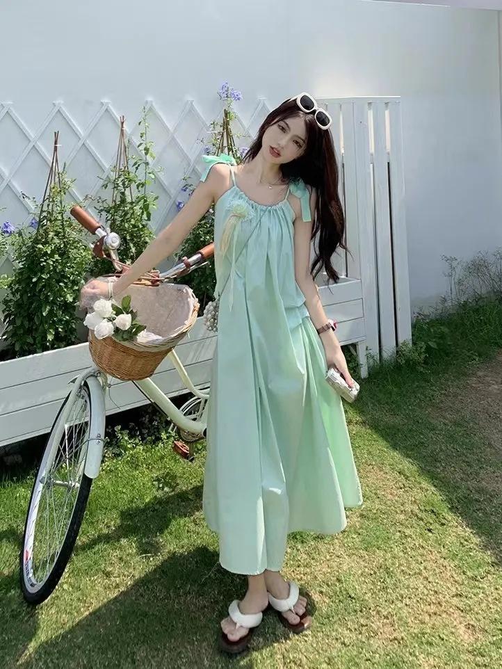 French first love sweet pink suspender dress women s summer new high-end design niche temperament long dress S розовый