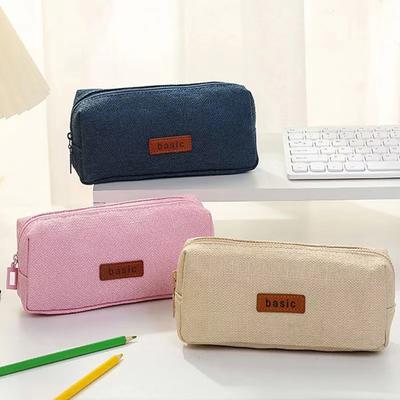 Large Capacity Pencil Case Zipper Closure Solid Color Pen Bag Pen Eraser Holder Office Home