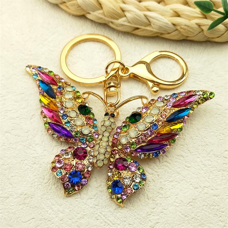 Colorful Rhinestone Butterfly Key Chain Pendant Gold Color Metal Animal Insect Keyring for Women Girl Jewelry Gift Llaveros