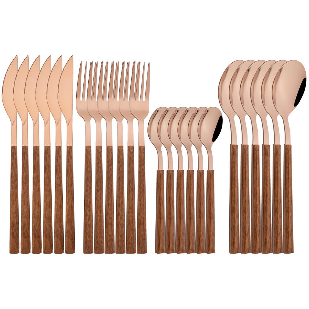 24Pcs High Quality Cutlery Set Knife Fork Spoon Dinnerware Set Stainless Steel Flatware Creative Imitation Wood Handle Tableware
