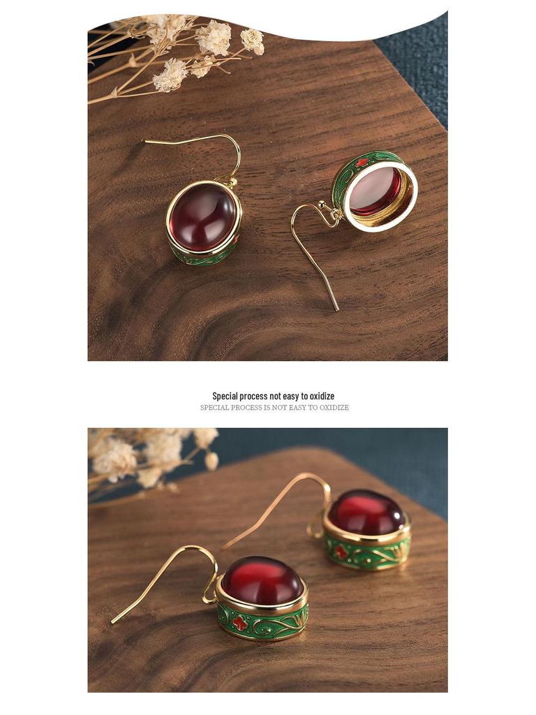 Court-Style Vintage Brass Earrings with Red Corundum Enamel Cloisonne Design