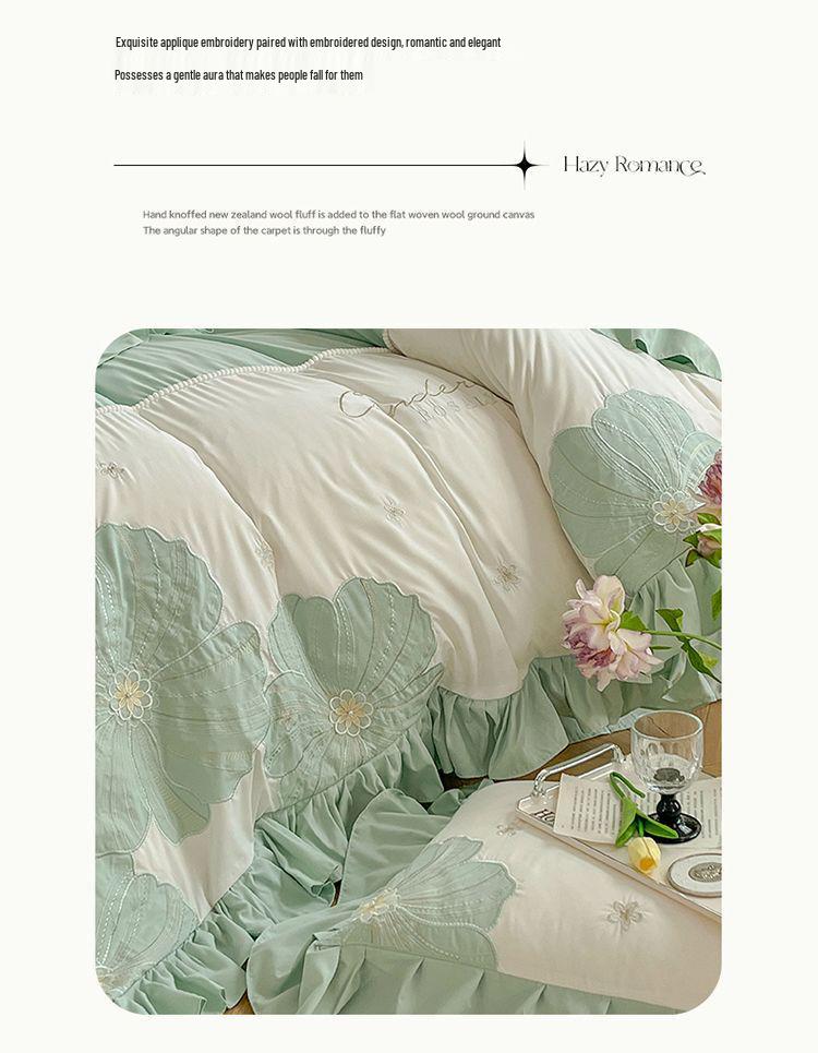 G5Z Koreanisches Prinzessinnen-Sonnenblumen-Stickbettwäsche-Set - Große Bettbezug & Spannbettlaken, Mädchenhaftes Vierteiliges Set