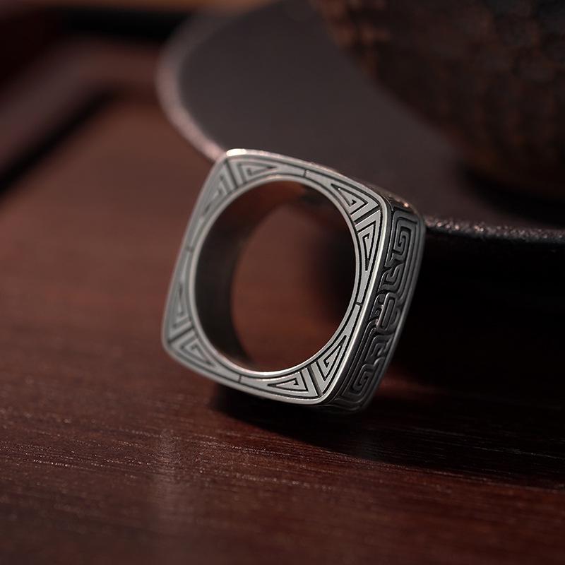 Yin Taifei Retro Square Pattern Thai Silver Unisex Open Ring - High-End Chinese Style Design