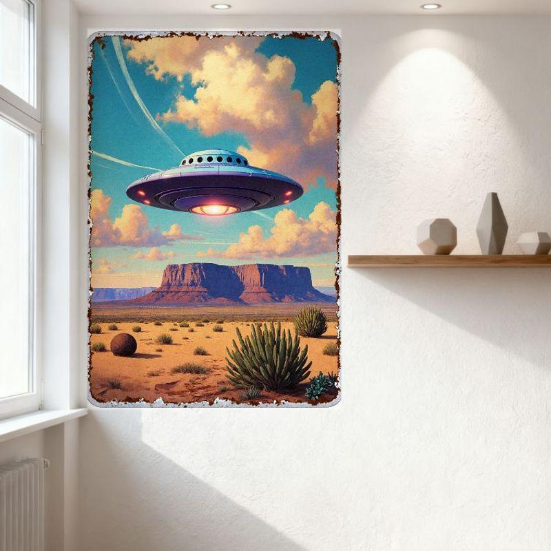 Vintage 1950s Sci-Fi Desert UFO Metal Tin Sign, Retro Flying Saucer Cactus Rock Formation Wall Plaque for Home Bar Man Cave Deco