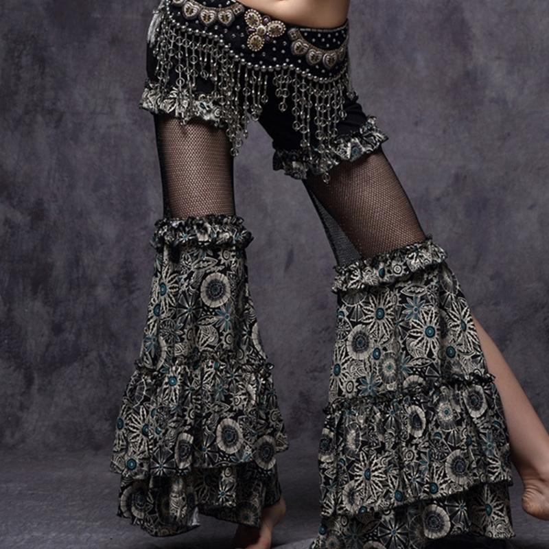 Women's Tribal Belly Dance Pants Mesh Patchwork Flared Pants Bellydance Costume for Performances Halloween Party
