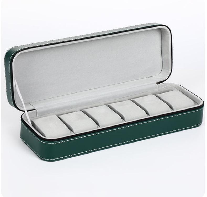 Portable Black and Blue-Gray Leather Zipper Watch Box with 6, 10, or 12 Slots - Flip-Top Jewelry Storage
