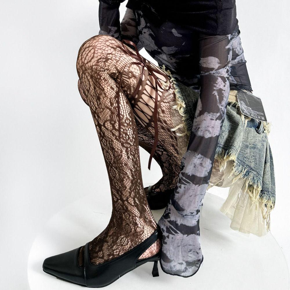 High Waist Mesh Lace-up Pantyhose Smooth Hollow-out Shaping Silk Stockings Stretch High-Density Sheer Pantyhose Tights Women