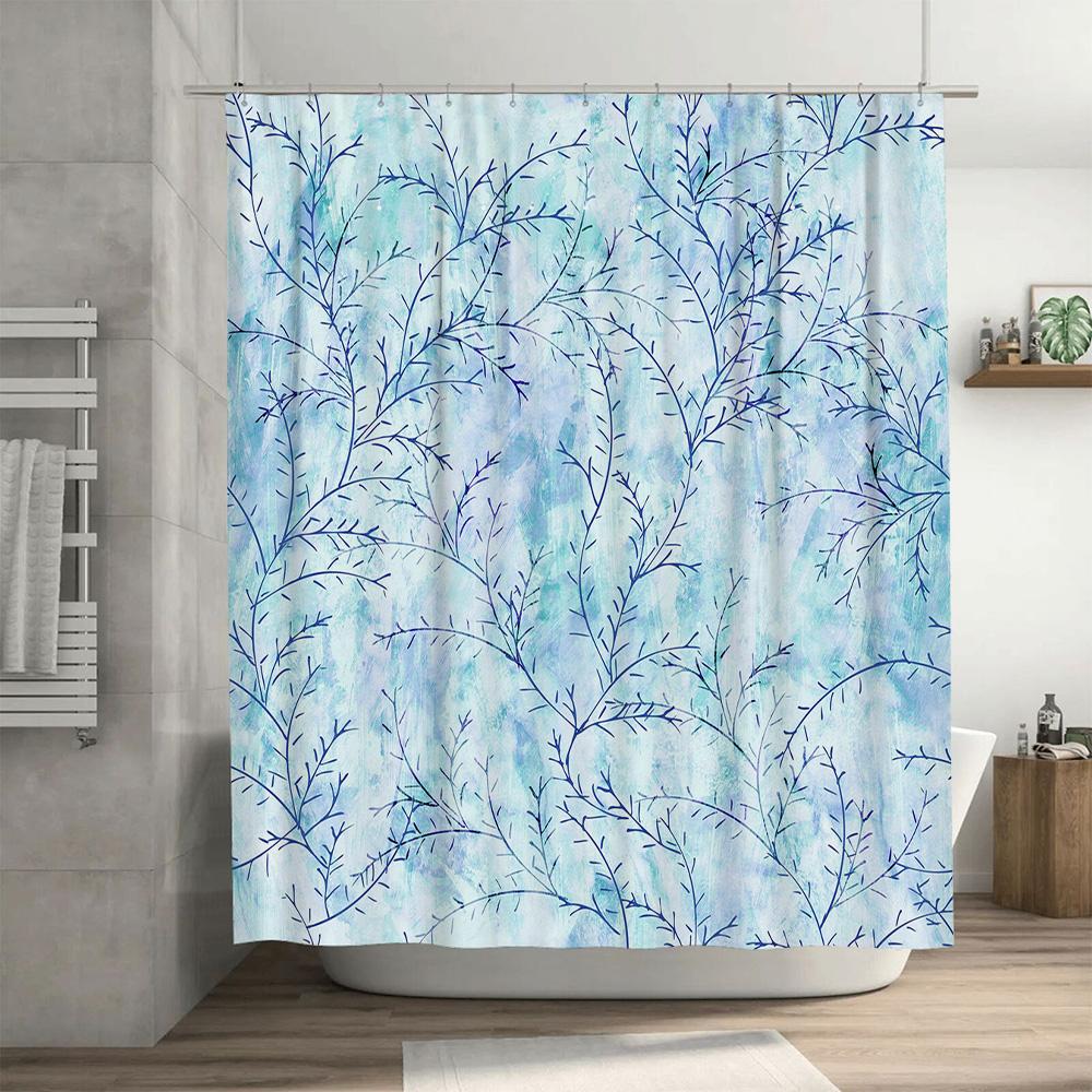 Watercolor Branch Shower Curtain Blue White Floral Print for Bathroom Decor Polyester Fabric Waterproof Shower Cakeshield