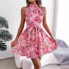 Summer New Style Temperament Lace Up Ruffle Edge Large Hem Floral Dress for Women
