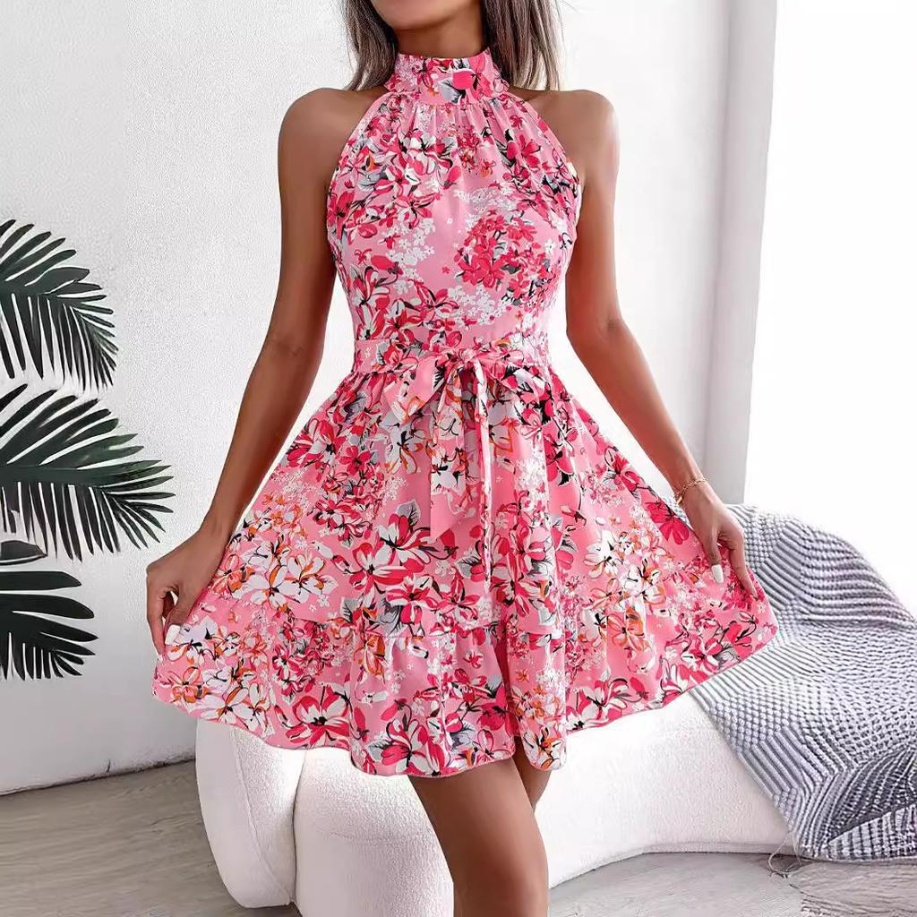 Summer New Style Temperament Lace Up Ruffle Edge Large Hem Floral Dress for Women