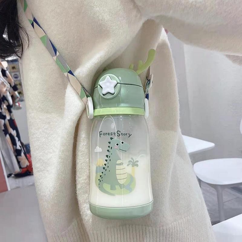 600ml/20oz Cute Cartoon Water Bottle Flip Top Portable Straw Water Cup With Strap For Outdoor Sports Fitness Camping Kids Gifts