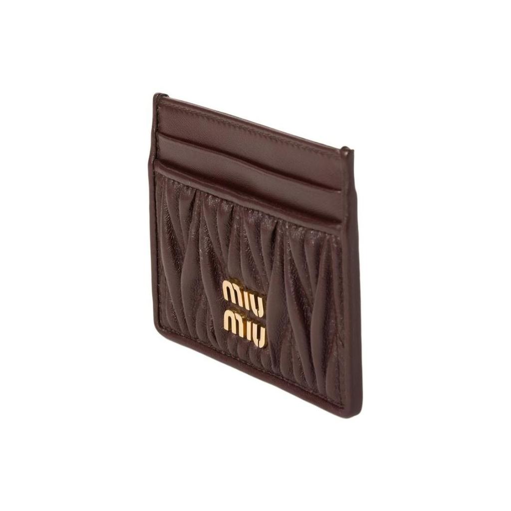 MIU MIU Matelassé Metal Letter Quilted Pattern Quilted Nappa Leather Card Holder Women's Heathered Wood Color