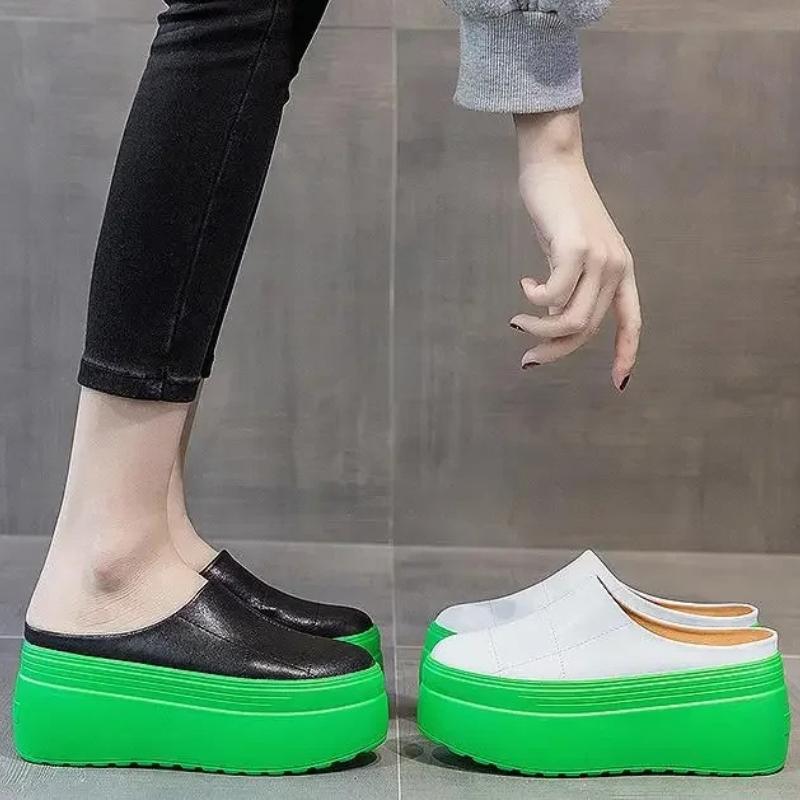 Fashion High Quality 8cm Women Shoes Mules Genuine Leather Gereen White Black Platform Shoes Sandals Slippers Slides Women Summer Shoes