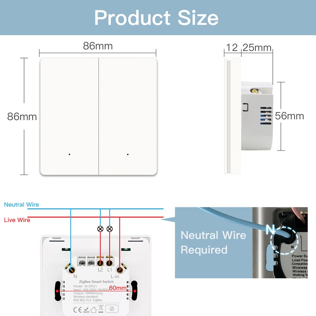 BSEED 1/2/3Gang Zigbee Wall Switches 1/2/3Way Reset Push Button Light Switches Tuya Smart Life Google Alexa Control