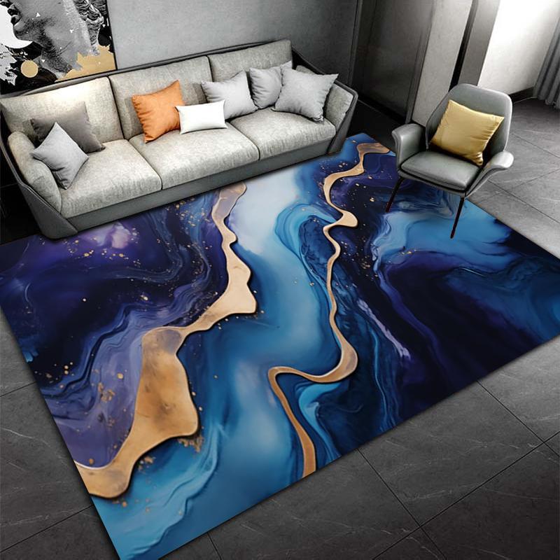 Abstract Blue and Gold Wave Pattern Carpet for Living Room Decor Suitable for Use As an Anti-slip for Living Room Bedroom Sofas